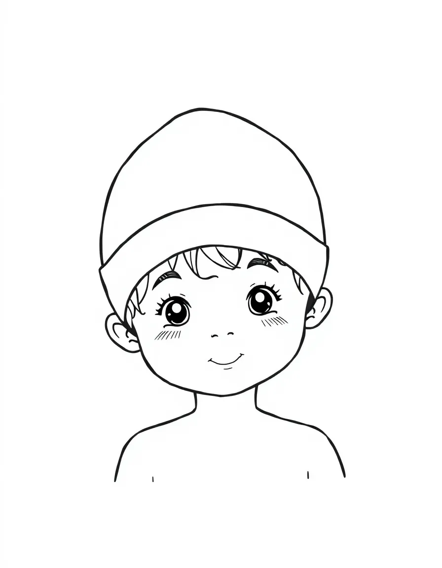 A child with hair in a simple dark blue swimming cap.