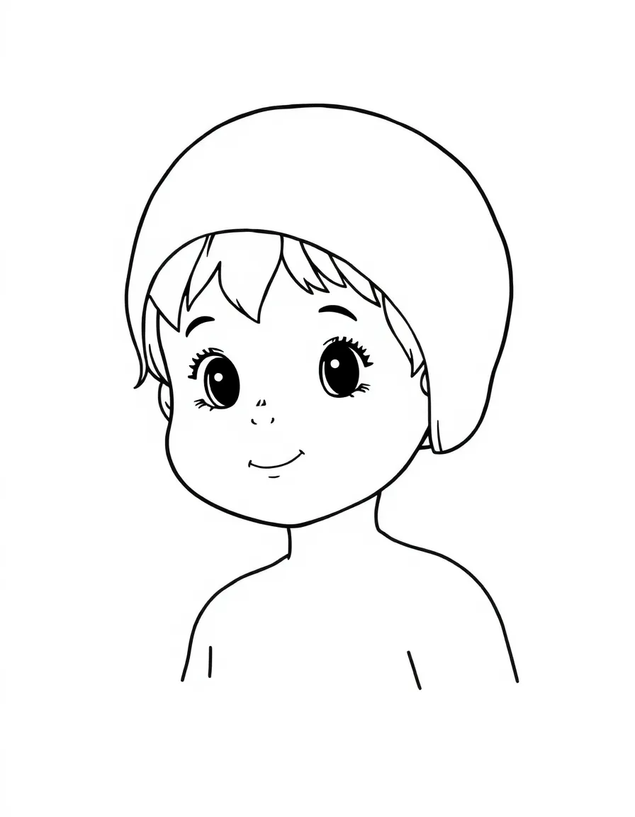 A child with hair in a simple light purple swimming cap.