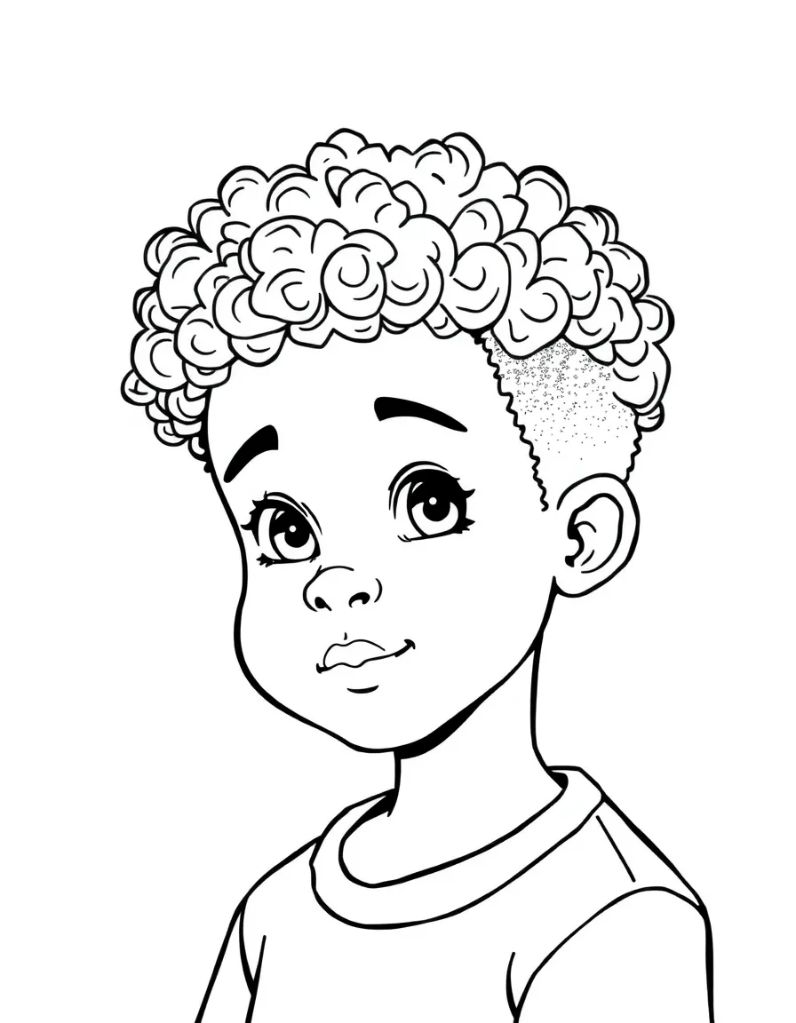 A boy with a short afro, with soft curls.