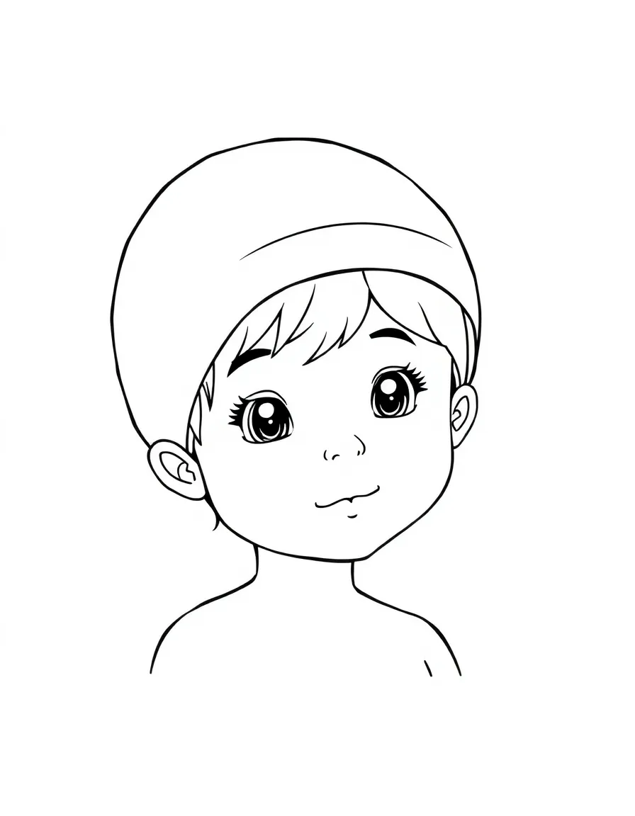 A child with hair in a simple light pink swimming cap.