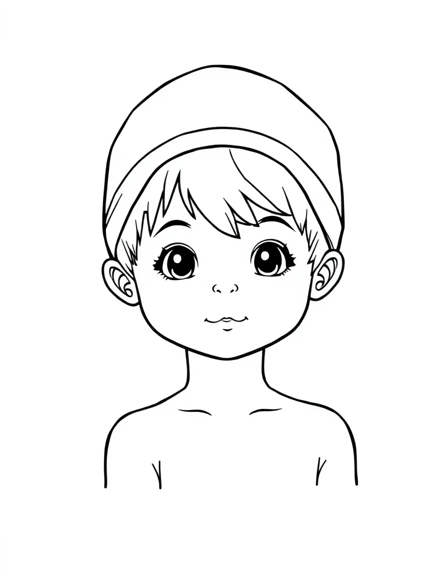 A child with hair in a simple light red swimming cap.