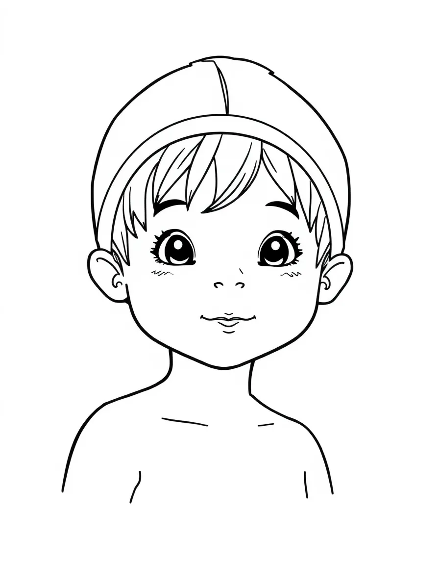 A child with hair in a simple light brown swimming cap.