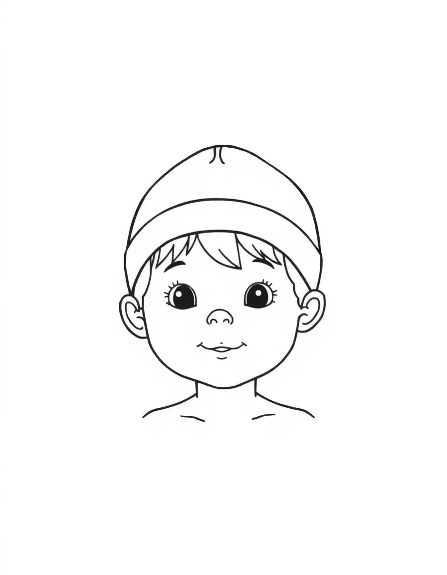 A child with hair in a simple dark brown swimming cap.