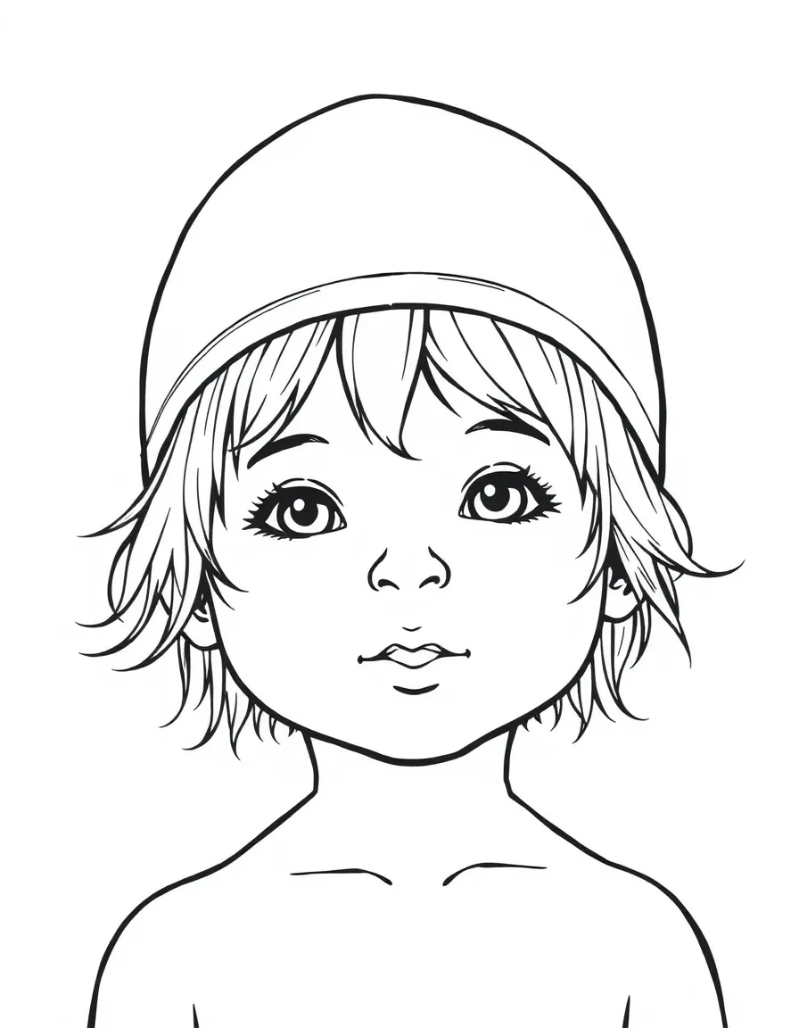 A child with hair in a simple white swimming cap.