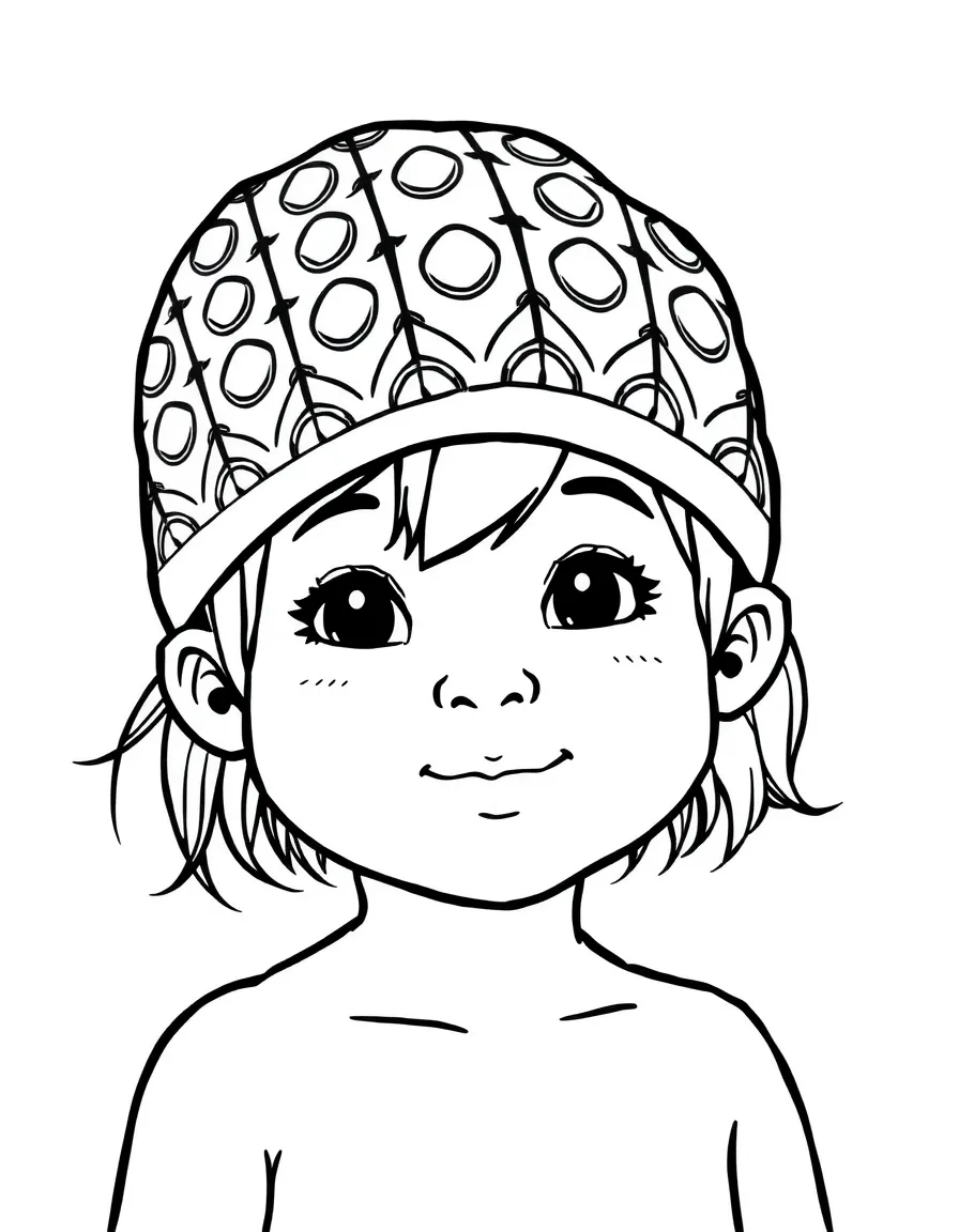 A child with hair in a simple patterned swimming cap.