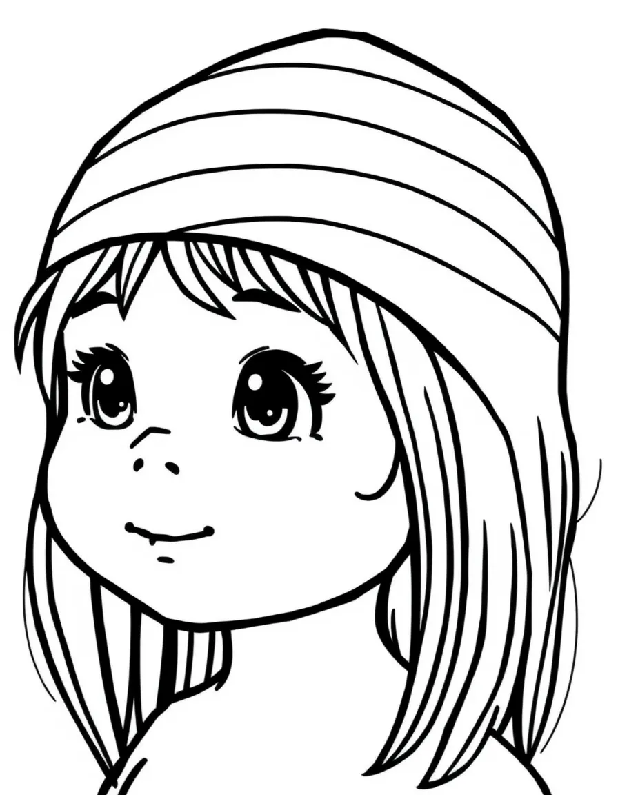 A child with hair in a simple striped swimming cap.