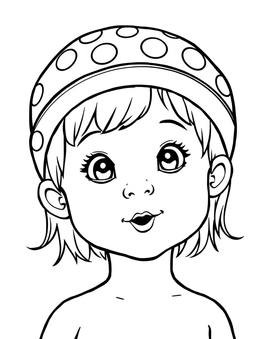 A child with hair in a simple polka dot swimming cap.
