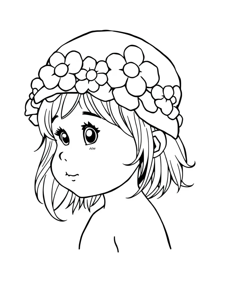 A child with hair in a simple floral swimming cap.