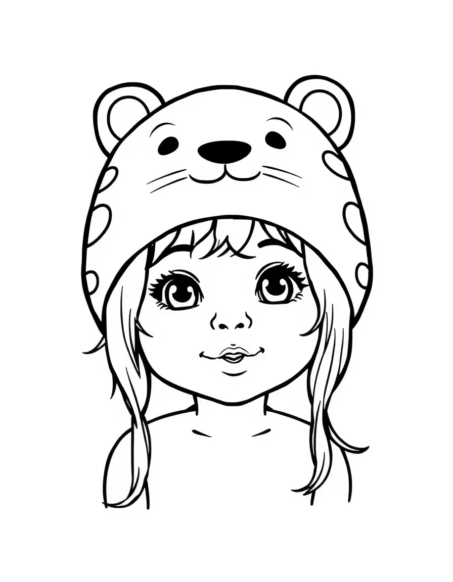 A child with hair in a simple animal print swimming cap.