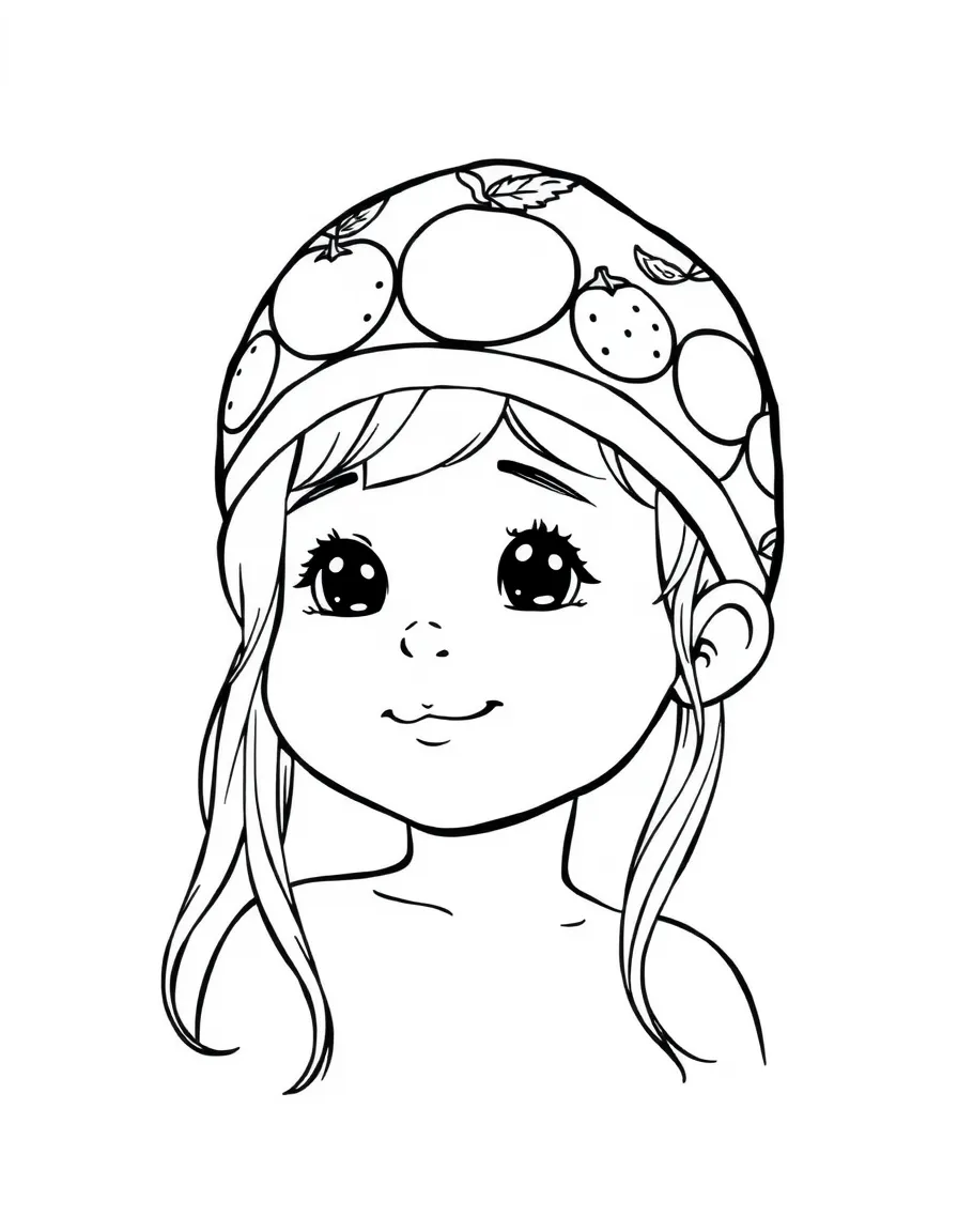 A child with hair in a simple fruit print swimming cap.