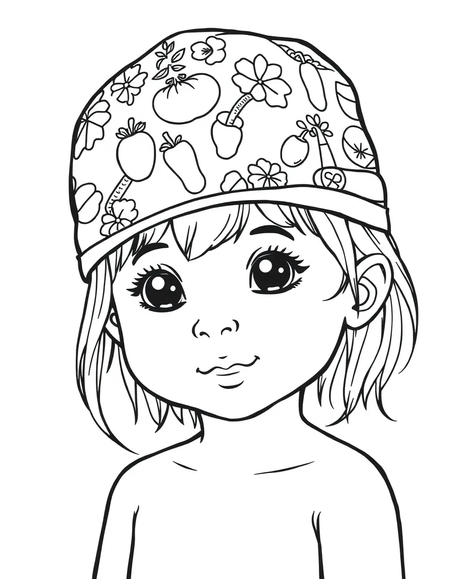 A child with hair in a simple vegetable print swimming cap.
