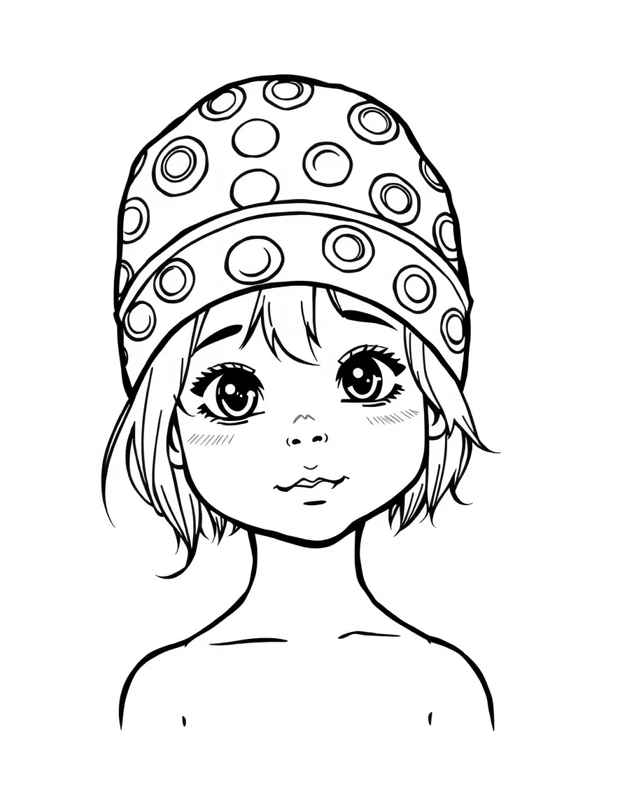 A child with hair in a simple candy print swimming cap.