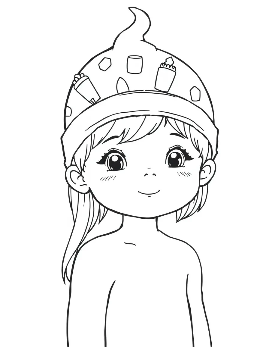 A child with hair in a simple ice cream print swimming cap.