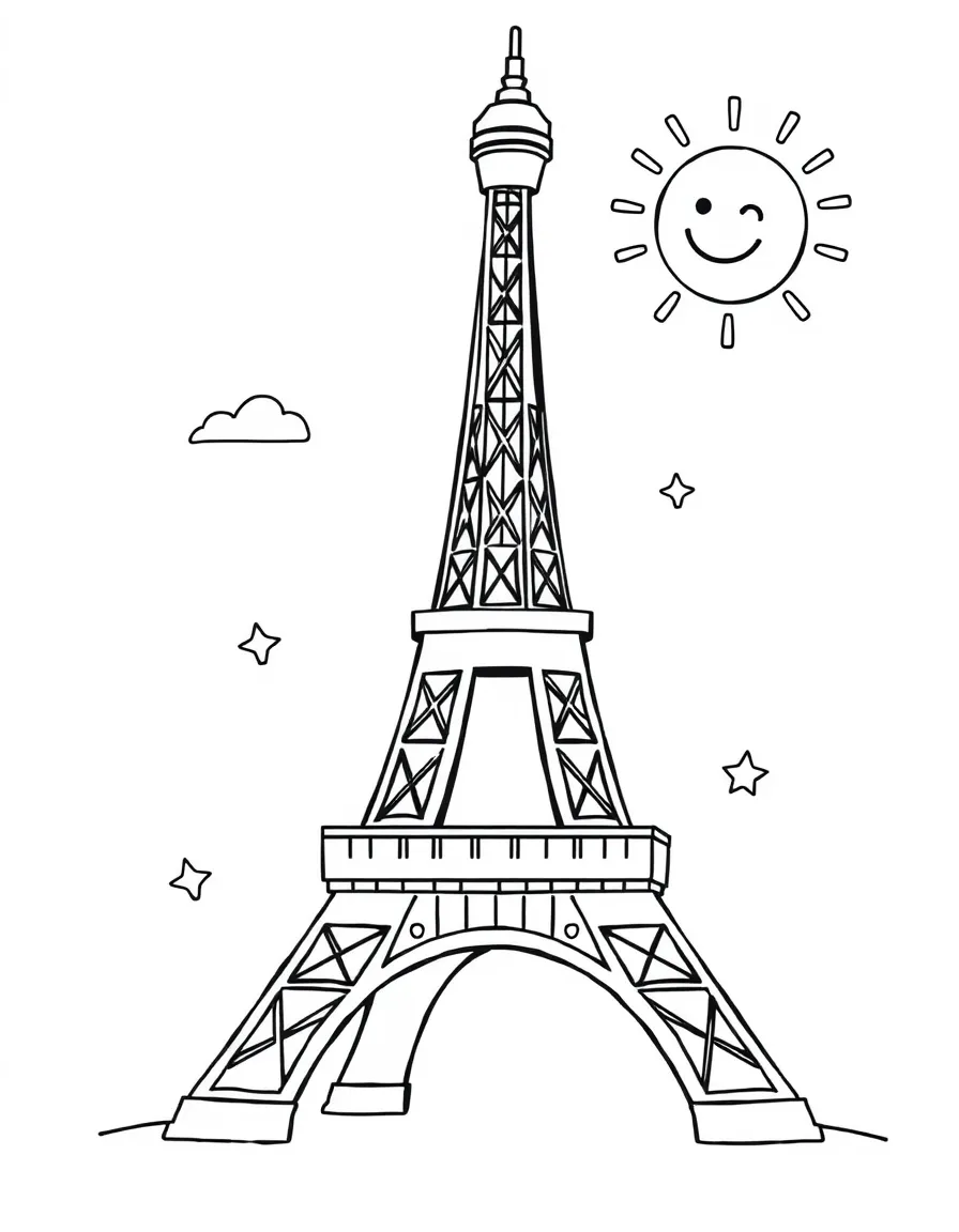 A happy cartoon Eiffel Tower in Paris, with little stars around it and a friendly smiling sun in the sky.