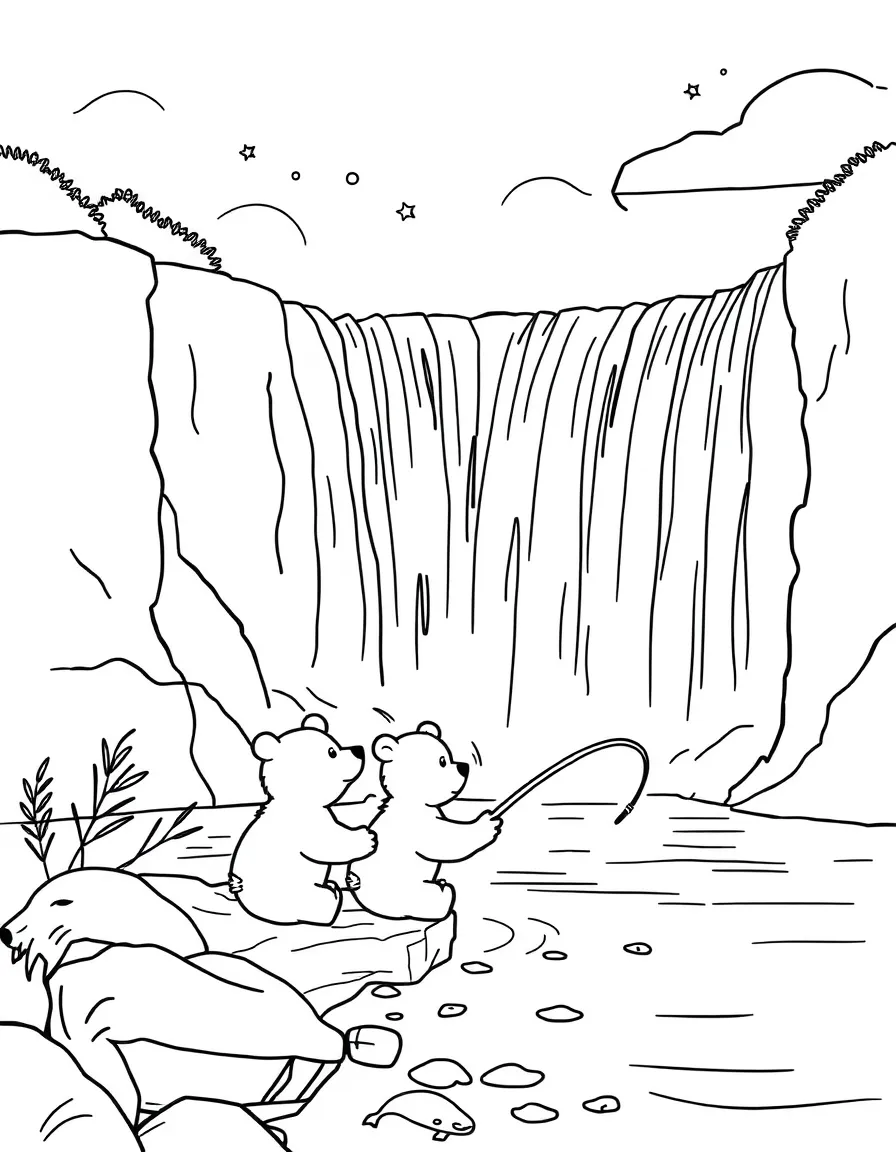Niagara Falls with little playful bears fishing.