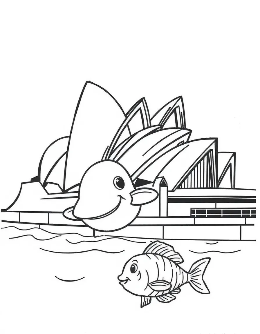 The Sydney Opera House with little happy fish.