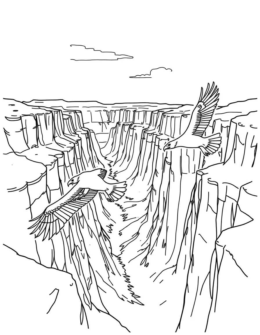 The Grand Canyon with little playful eagles soaring.