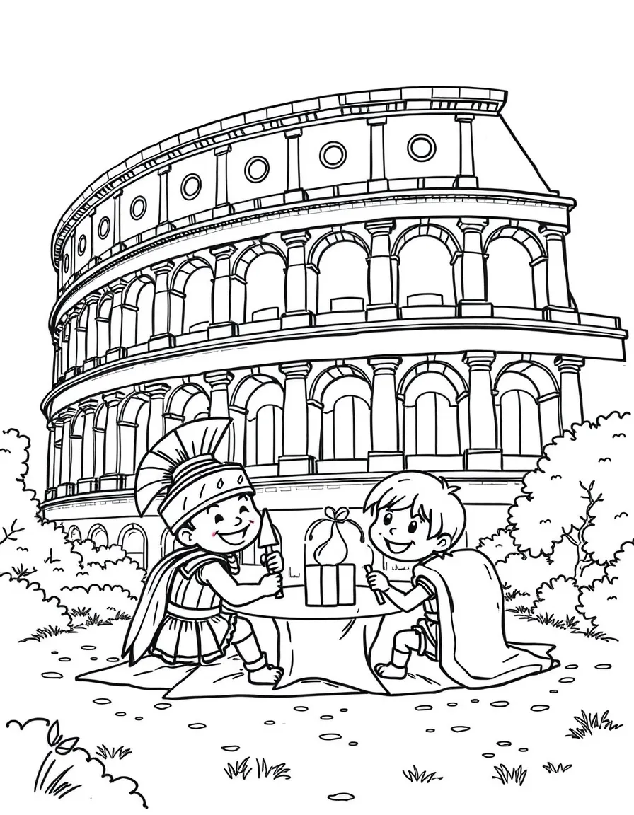 The Colosseum with happy little gladiators having a picnic.