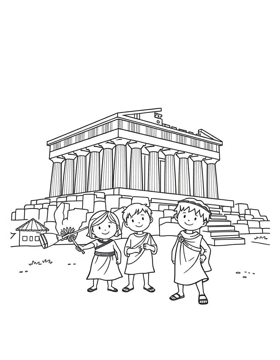 The Acropolis with happy little ancient Greek children drawing.