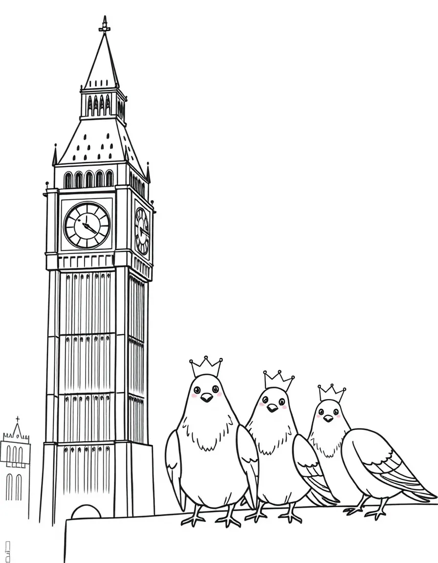 Big Ben with happy little pigeons wearing tiny crowns.