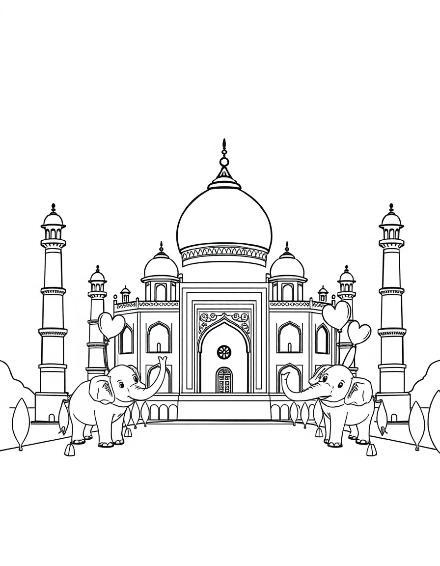 The Taj Mahal with happy little elephants holding balloons.