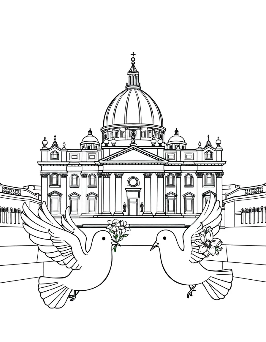 The Vatican City (St. Peter's Basilica) with happy little doves carrying flowers.
