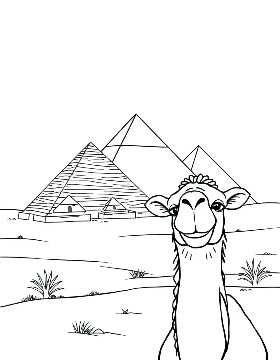 The pyramids of Egypt, with a happy, winking camel in the foreground.