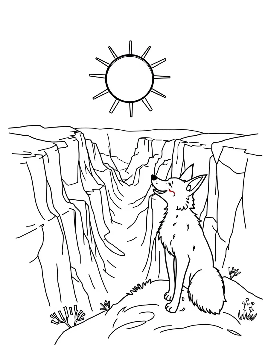 The Grand Canyon, with a happy coyote howling at a smiling sun.