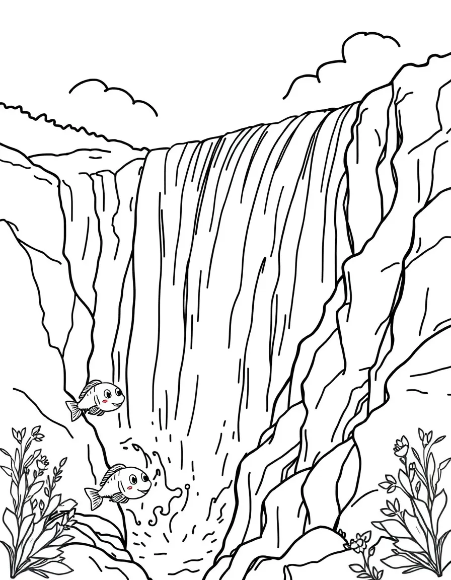 Niagara Falls with little fish jumping happily.
