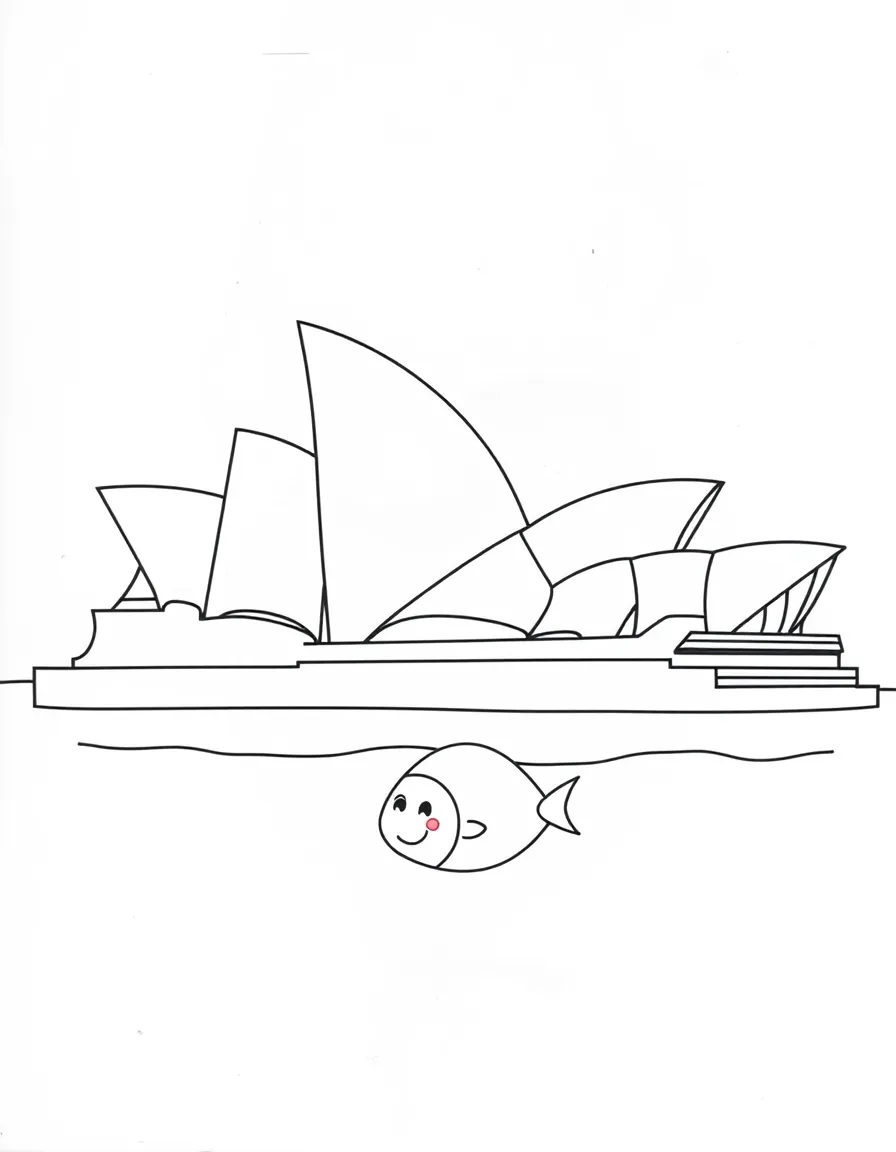 The Sydney Opera House with little happy fish.