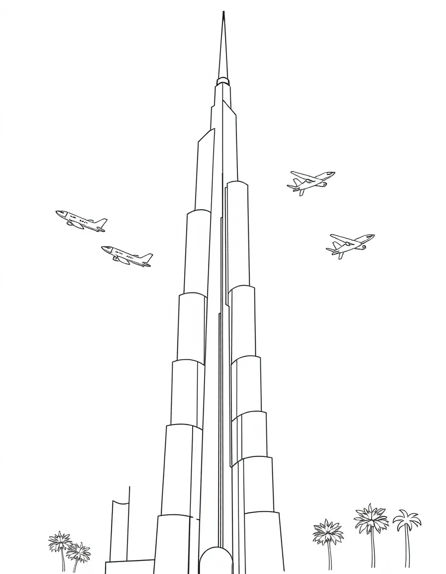 The Burj Khalifa with happy little airplanes flying in formation.