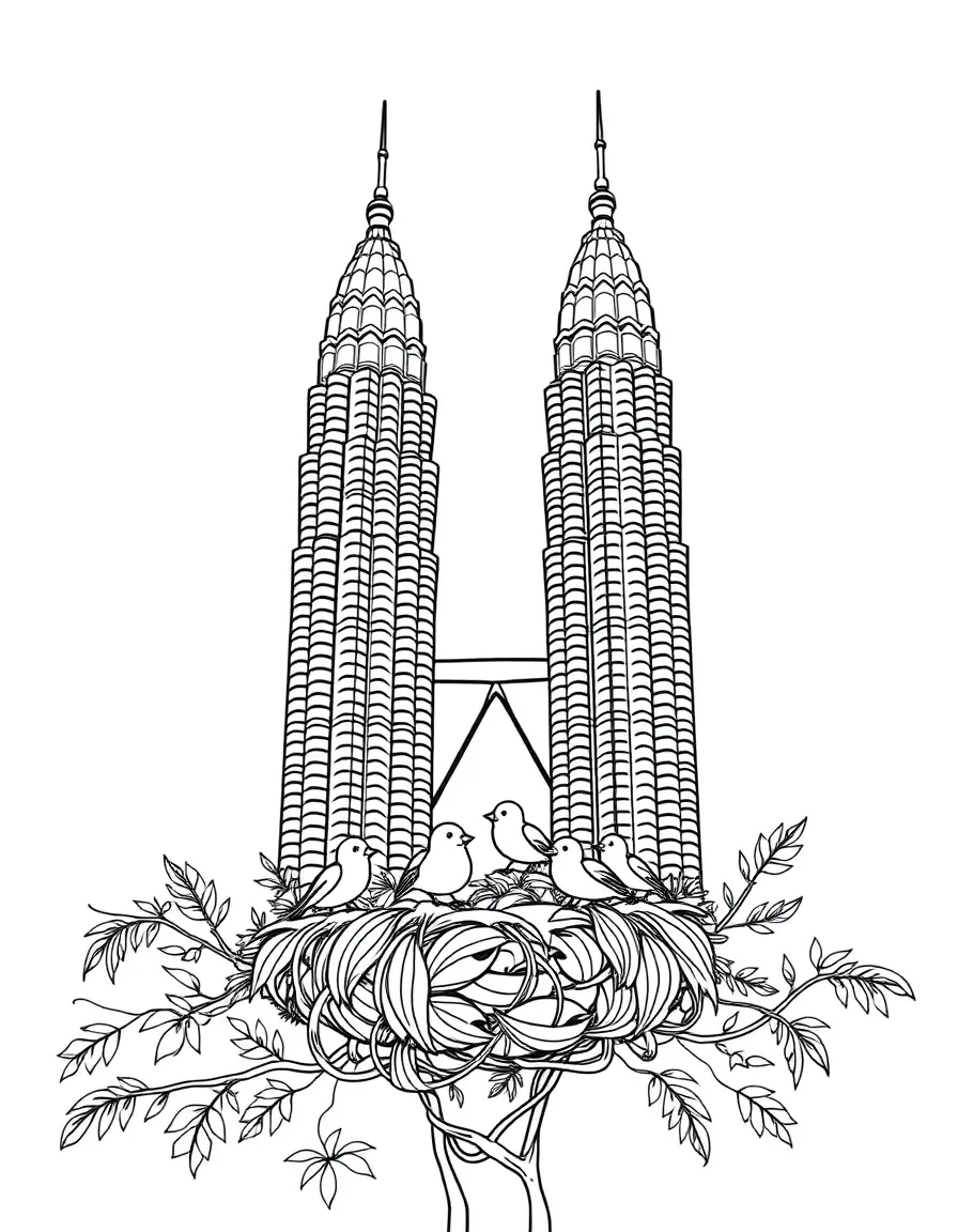 The Petronas Towers with happy little birds building giant nests.