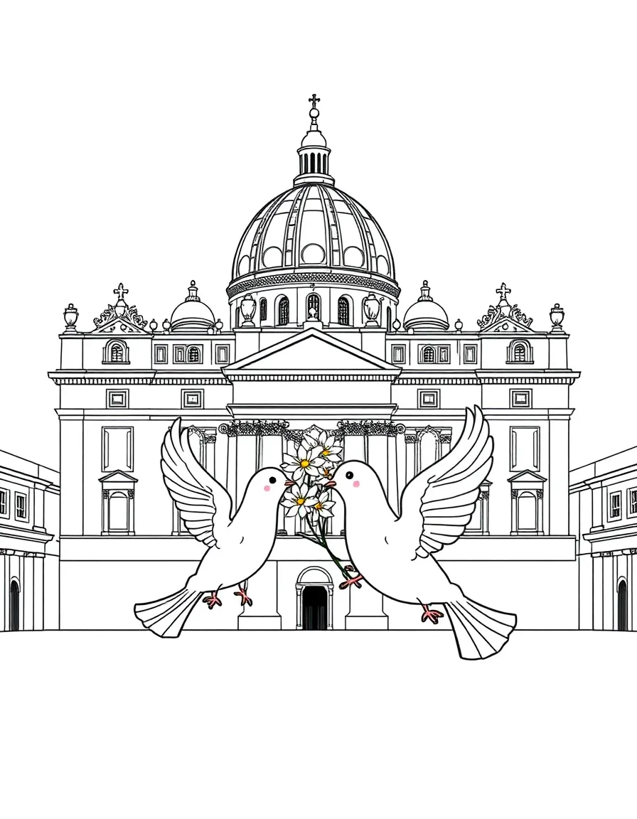 The Vatican City (St. Peter's Basilica) with happy little doves carrying flowers.