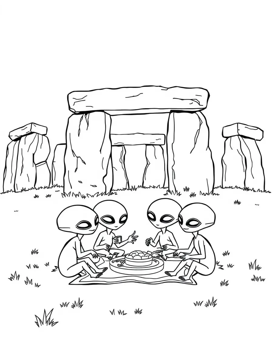 Stonehenge with happy little aliens having a picnic lunch.