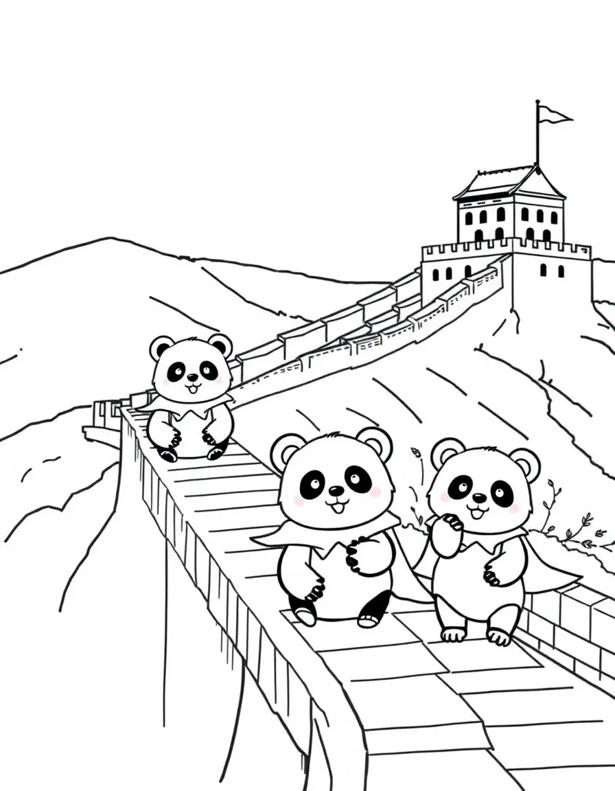 The Great Wall of China with happy little pandas wearing capes.