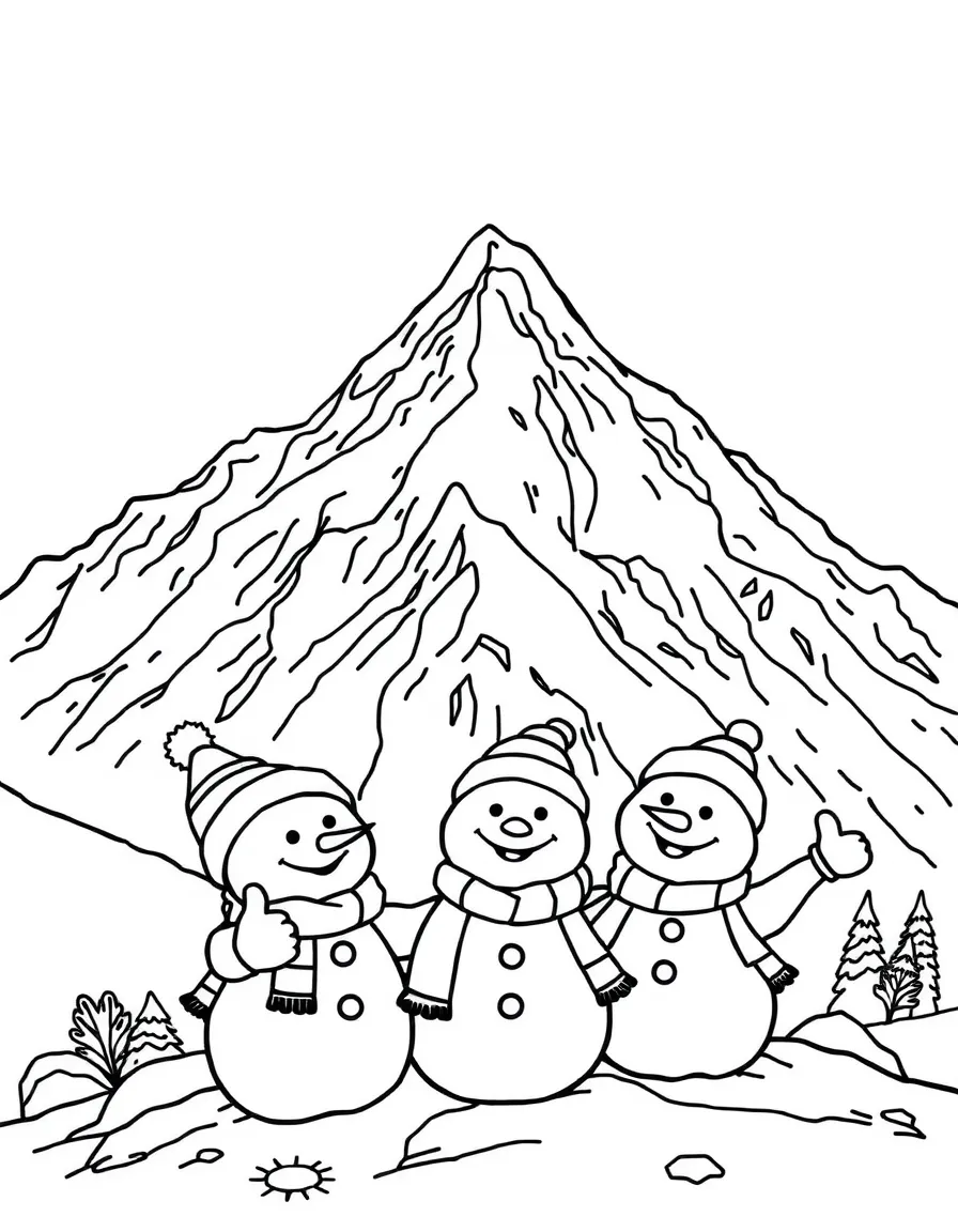 Mount Everest with happy little snowmen giving thumbs up.
