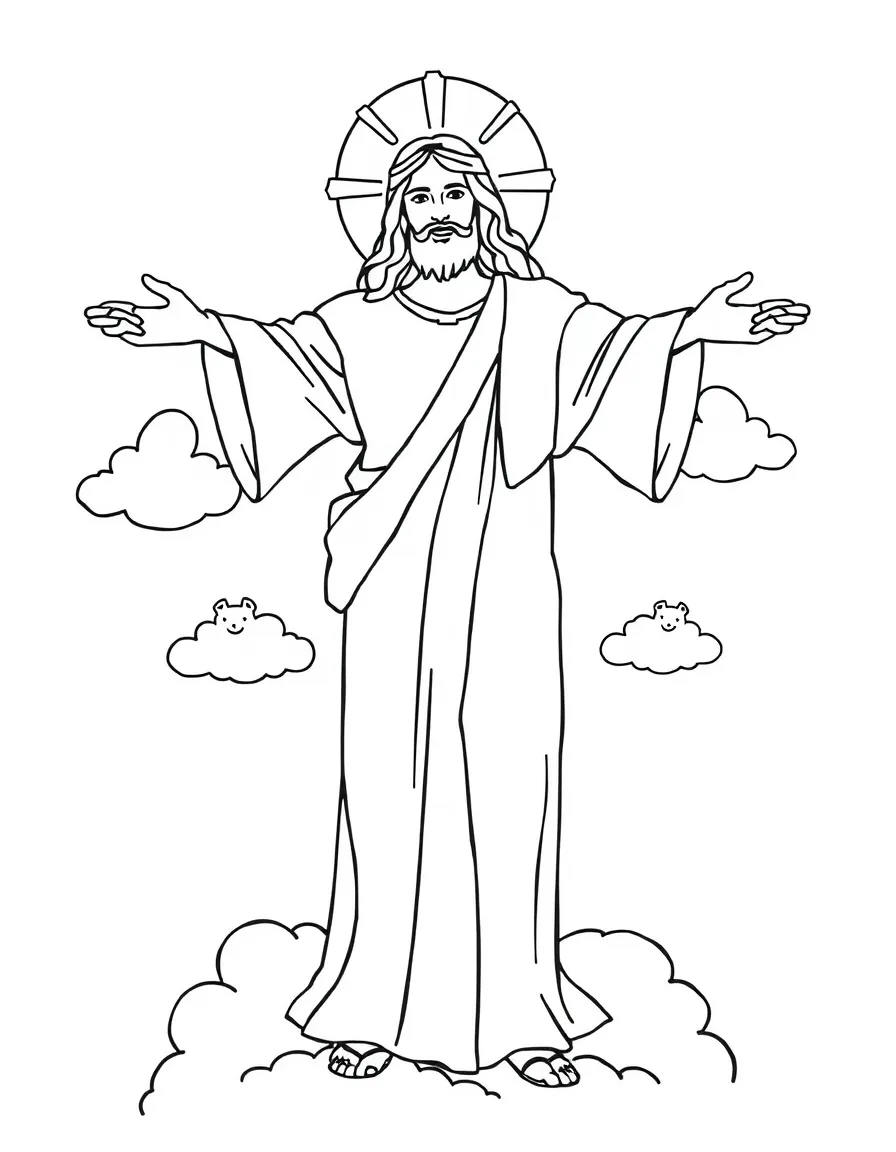 Christ the Redeemer with happy little clouds shaped like animals.