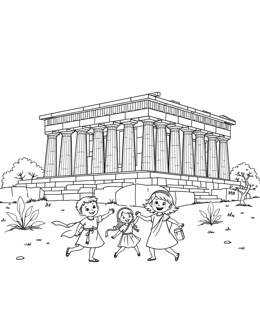 The Acropolis with happy little ancient Greek children playing.