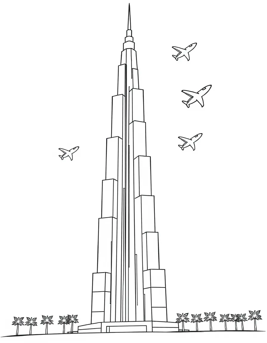 The Burj Khalifa with happy little airplanes drawing shapes in the sky.