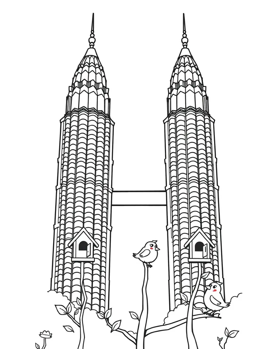 The Petronas Towers with happy little birds building birdhouses.