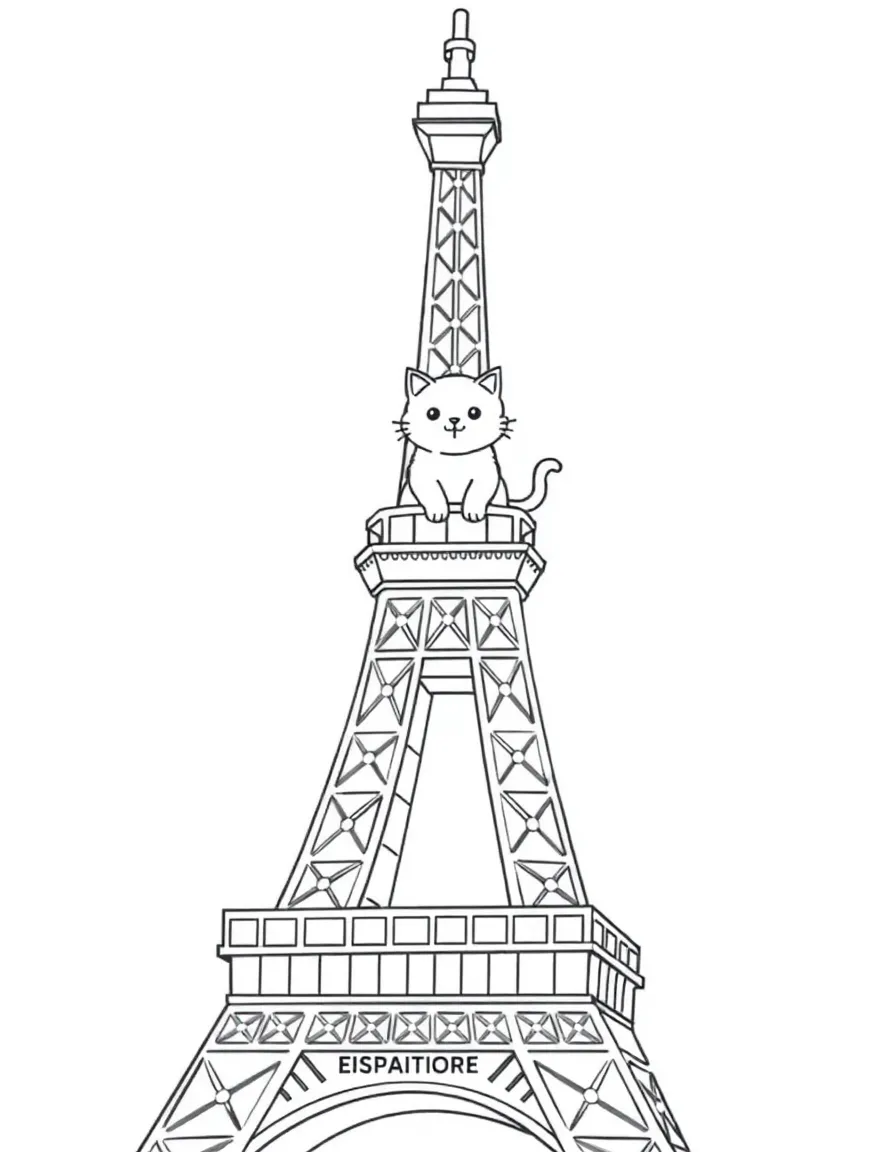 The Eiffel Tower with a happy little cat on its observation deck.