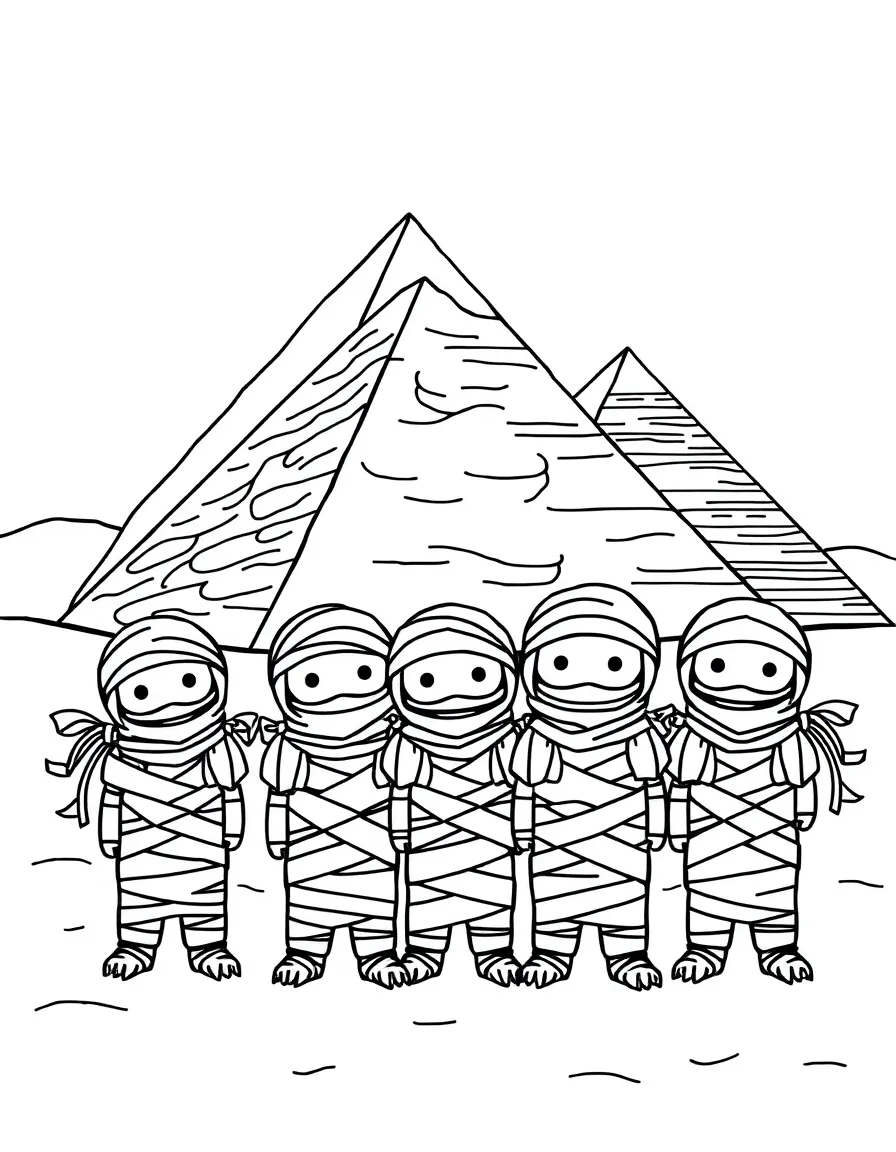 The pyramids of Egypt with happy little mummies wrapped in colorful ribbons.