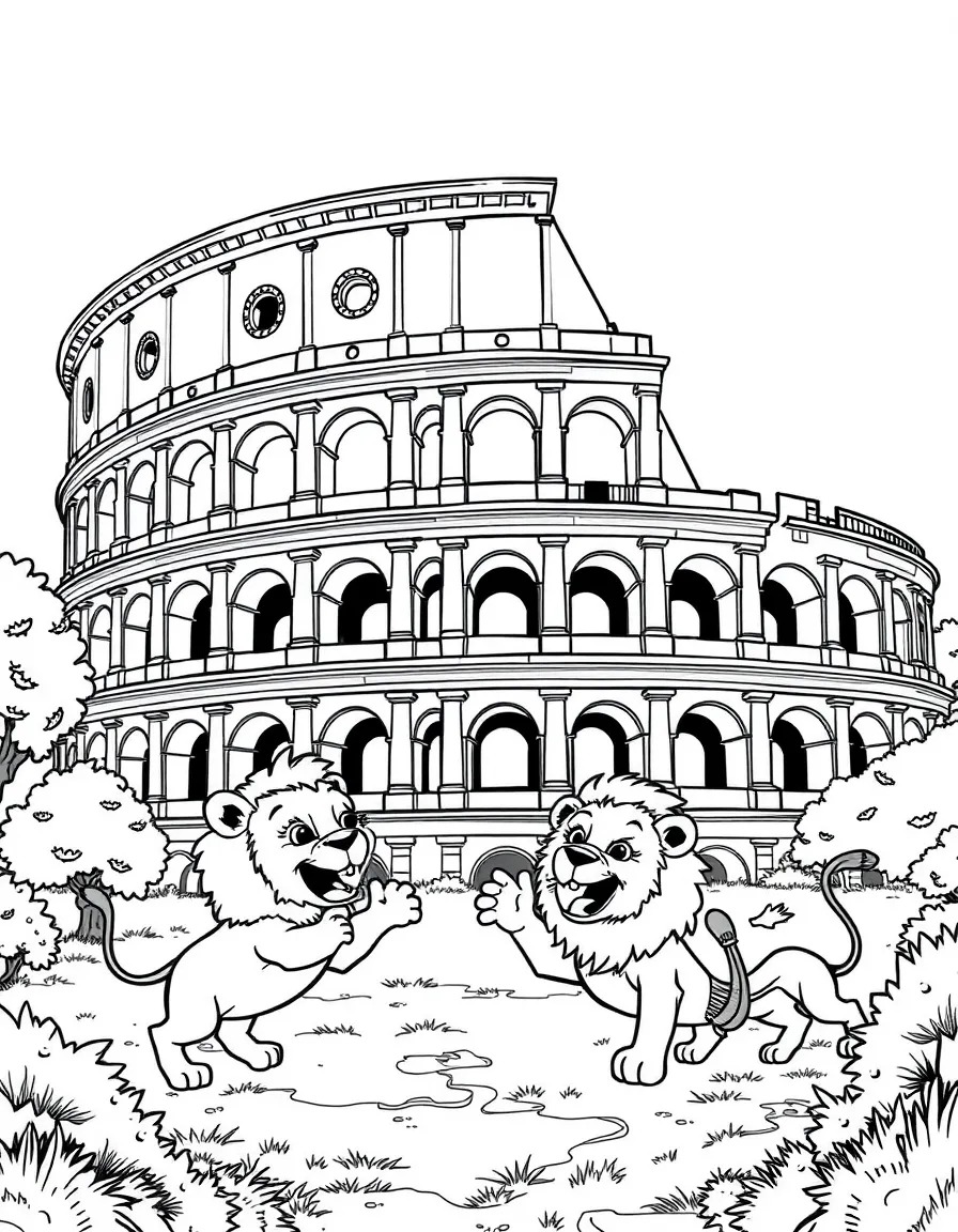 The Colosseum with happy little lions playing tag.