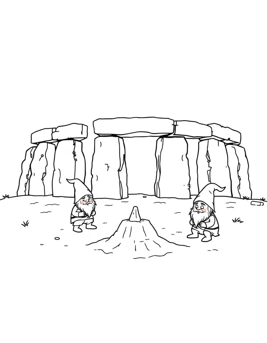 Stonehenge with happy little gnomes building sandcastles.