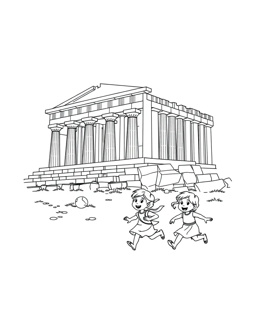 The Acropolis with happy little ancient Greek children running.