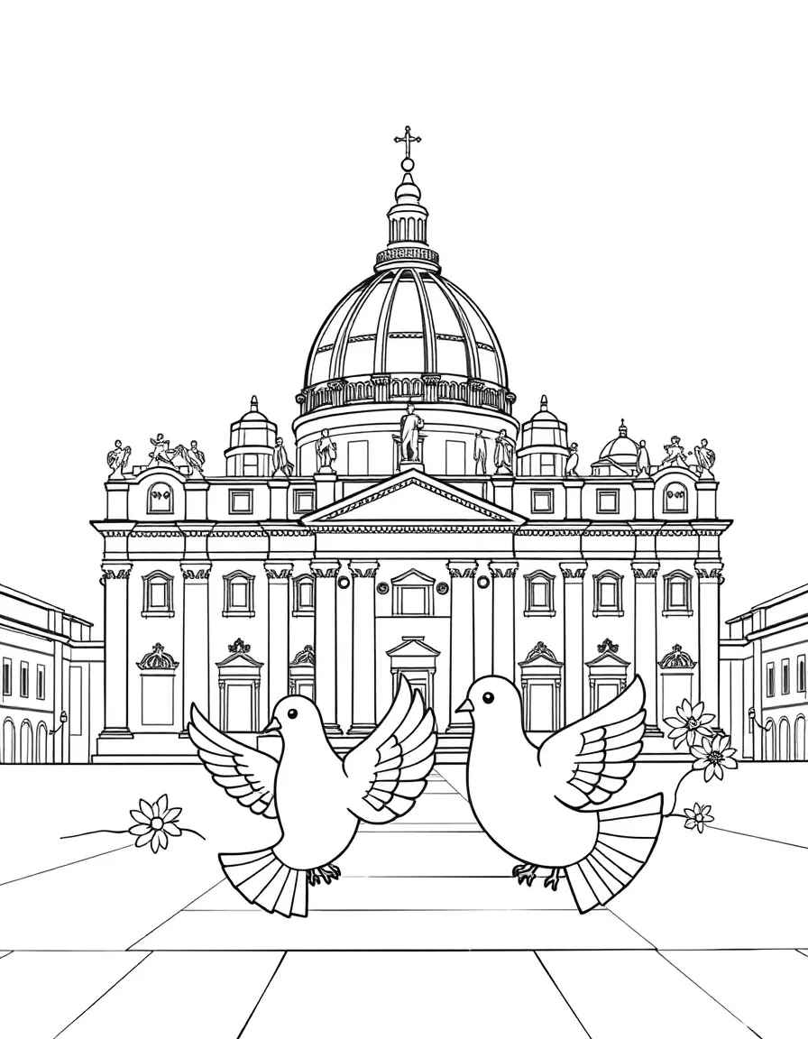 The Vatican City (St. Peter's Basilica) with happy little doves carrying flowers.
