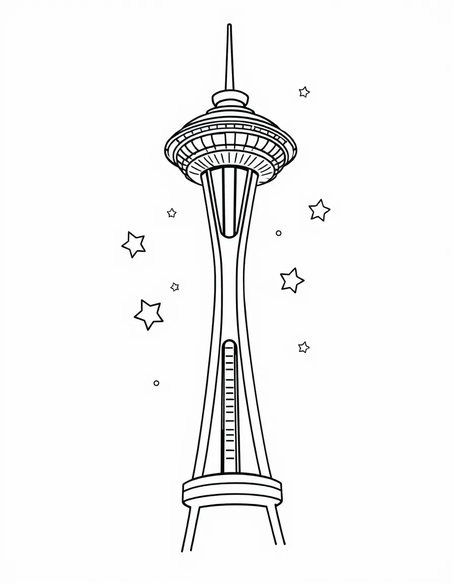 The Space Needle with happy little stars dancing a jig.