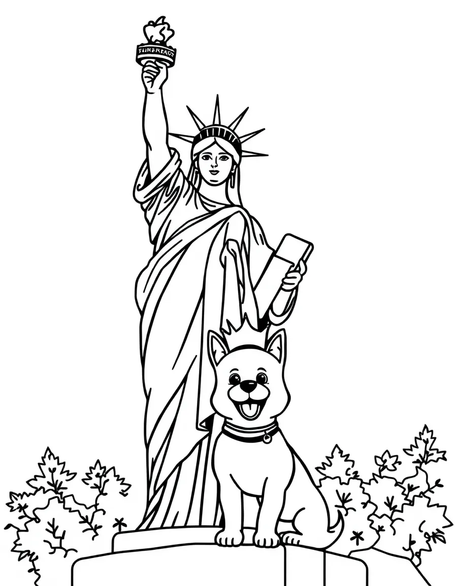 The Statue of Liberty with a little happy dog wearing a crown.