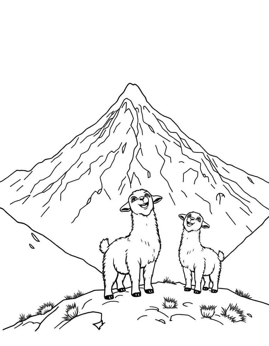 Mount Everest with little happy mountain goats singing.