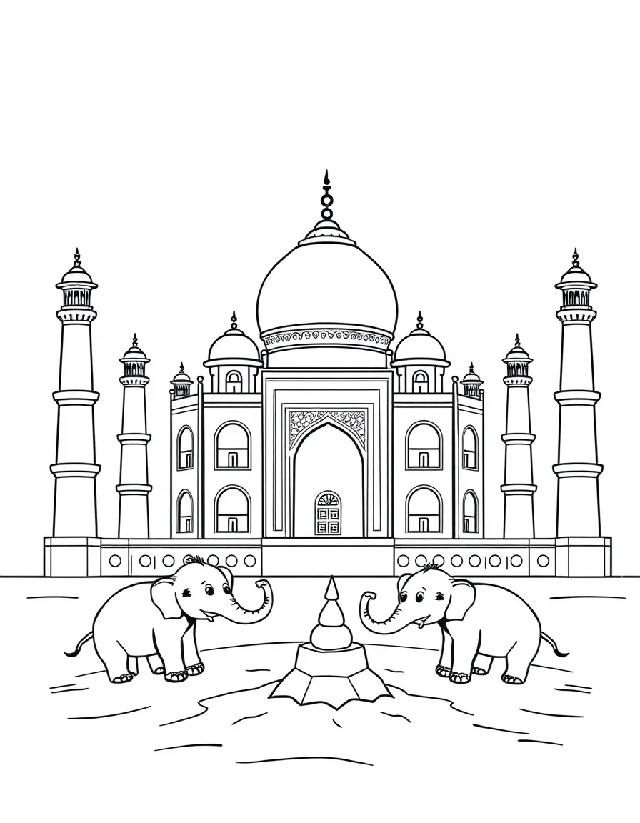 The Taj Mahal with little happy elephants building sandcastles.